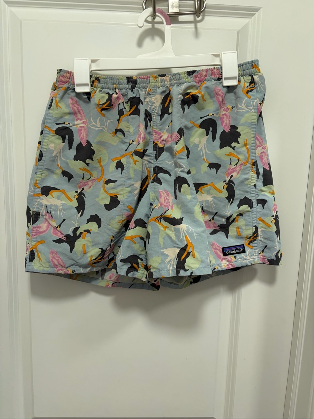 Patagonia Men’s Bird Design Swim Trunks With Liner Size Medium Blue Good